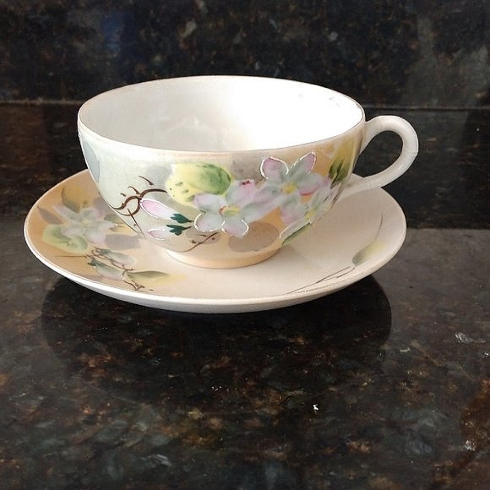 MID CENTURY MODERN JAPAN GREEN STAMP FLORAL TEA CUP SET JAPANESE BLOSSOMS - Picture 2 of 16